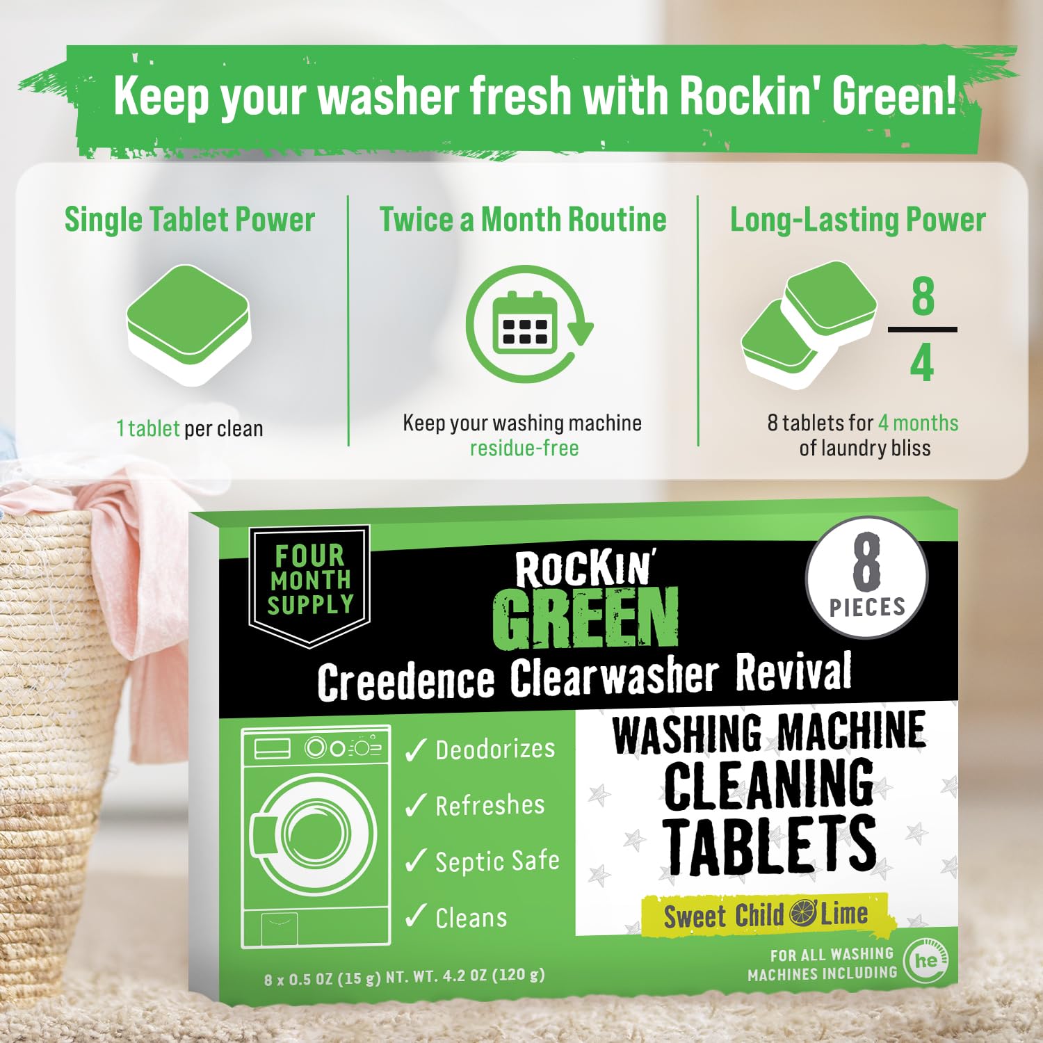 Rockin' Green Deep Cleaning and Deodorizing Tablets for Dishwashers, Washing Machines, and Garbage Disposals, Removes Odor and Residue (Washing Machine Cleaning Tablets, 8 Pack)