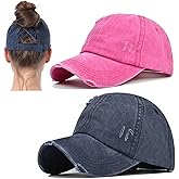 2 Packs Distressed Ponytail Hat for Women Criss Cross Hat Baseball Cap Pony Tail Caps High Bun
