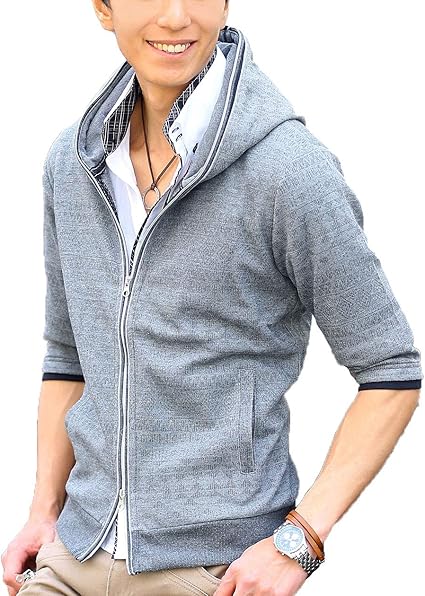 Amazon Menz Style メンズスタイル パーカー メンズ ジップアップ パーカ 5分袖 ジャガードデザインダブルジップ５分袖パーカー トレーナー パーカー 通販
