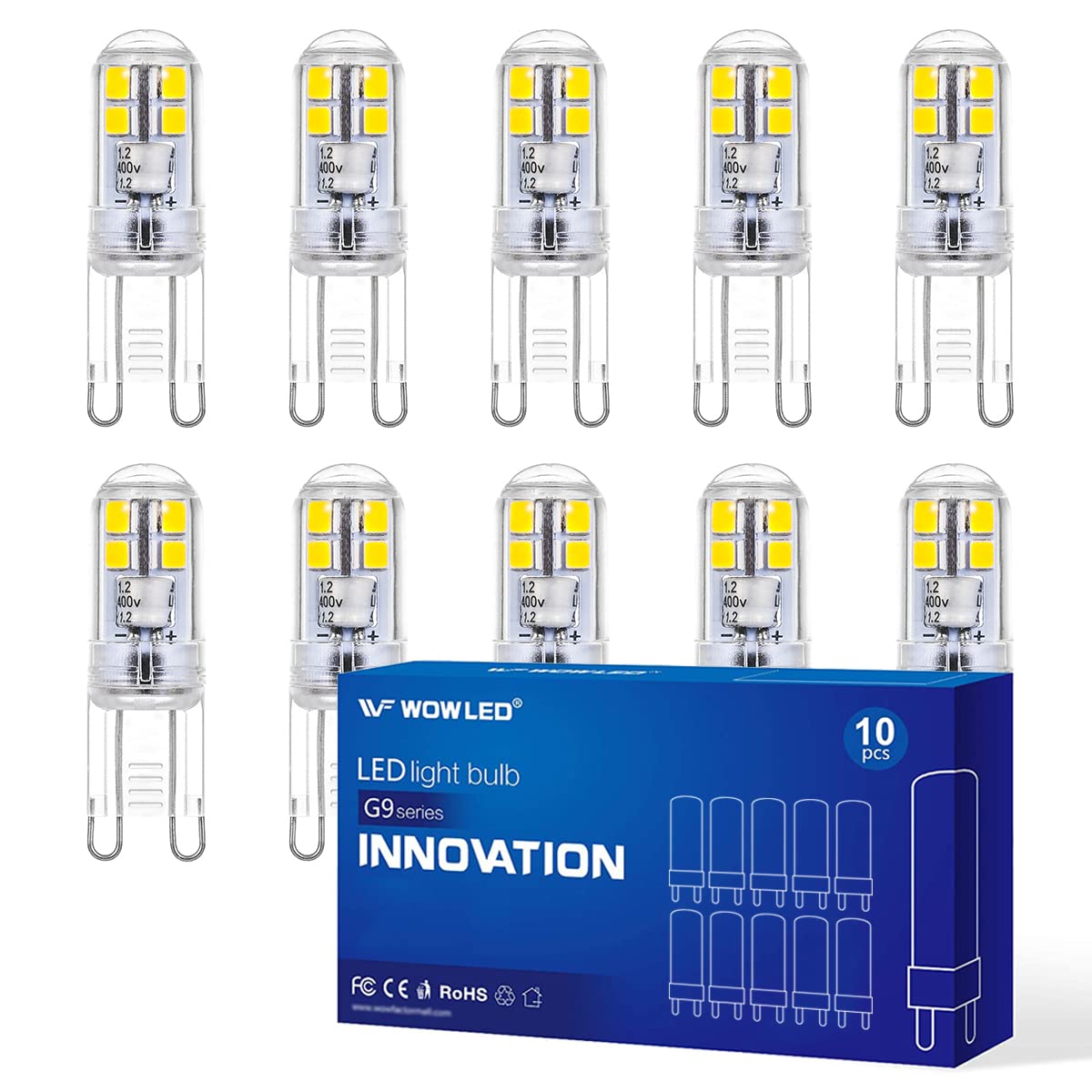 WOWLED G9 LED Light Bulb, 3W Cool White, Upgraded No Flicker No Strobe, Replace Halogen Bulbs, Clear Shell, for Home Lighting Decor