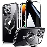[CD Metal Ring Stand + Built-in Privacy Screen Protector] Magnetic Case for iPhone 14 Pro Max 6.7" [Soft Bumper Full Signal] [Compatible with MagSafe] 9H Glass Full Body Shockproof Clear Case, Black