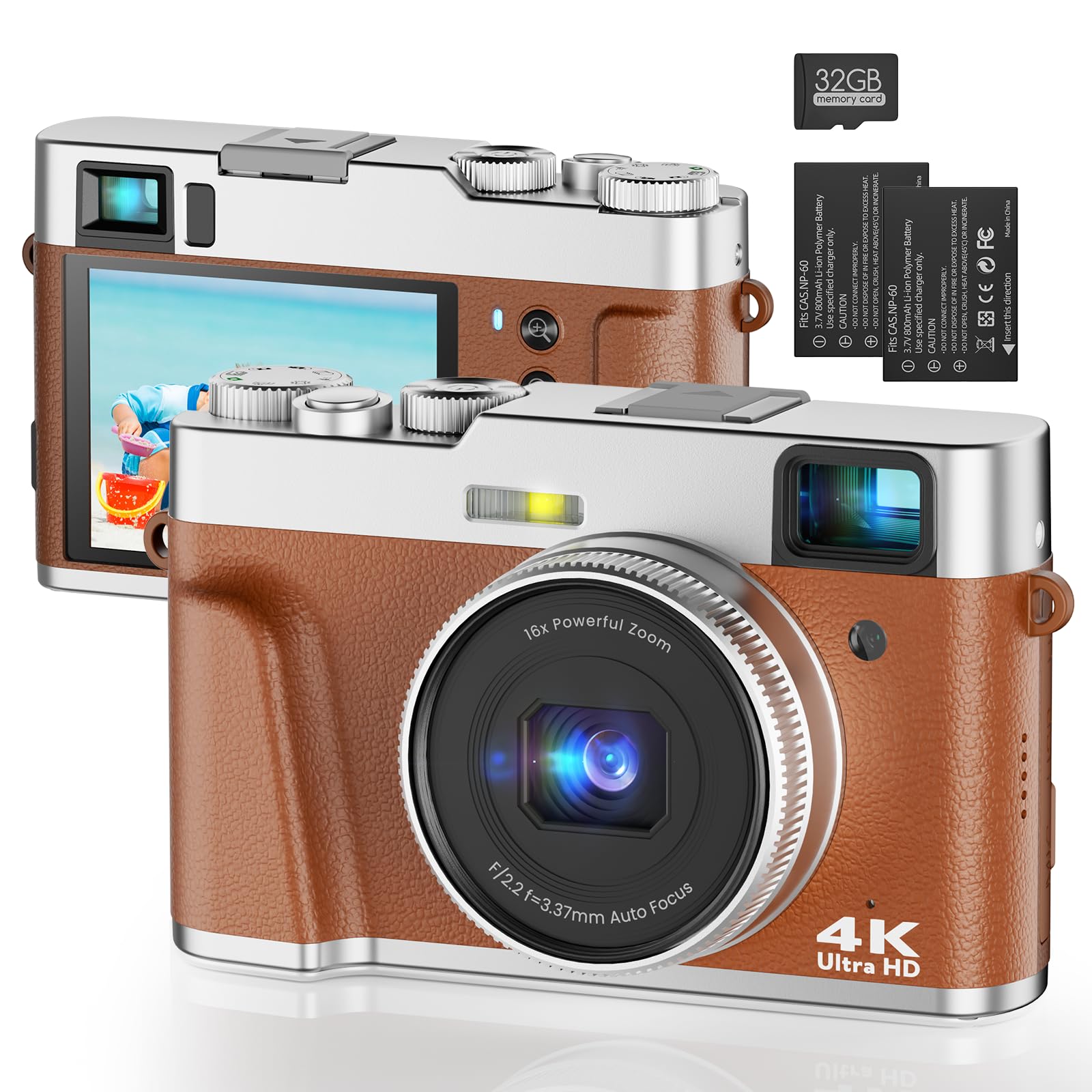 4K Digital Camera, Photography Autofocus 48MP YouTube Vlogging Camera, 16X Digital Zoom Video Camera Anti-Shake with 32GB Micro Card, Compact Point and Shoot Travel Cameras for Gifts(Brown)