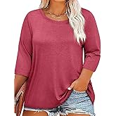 ZDC Women's Plus Size Tops 3/4 Sleeve Crew Neck T Shirts Loose Fit Tee Tunic Casual Blouse
