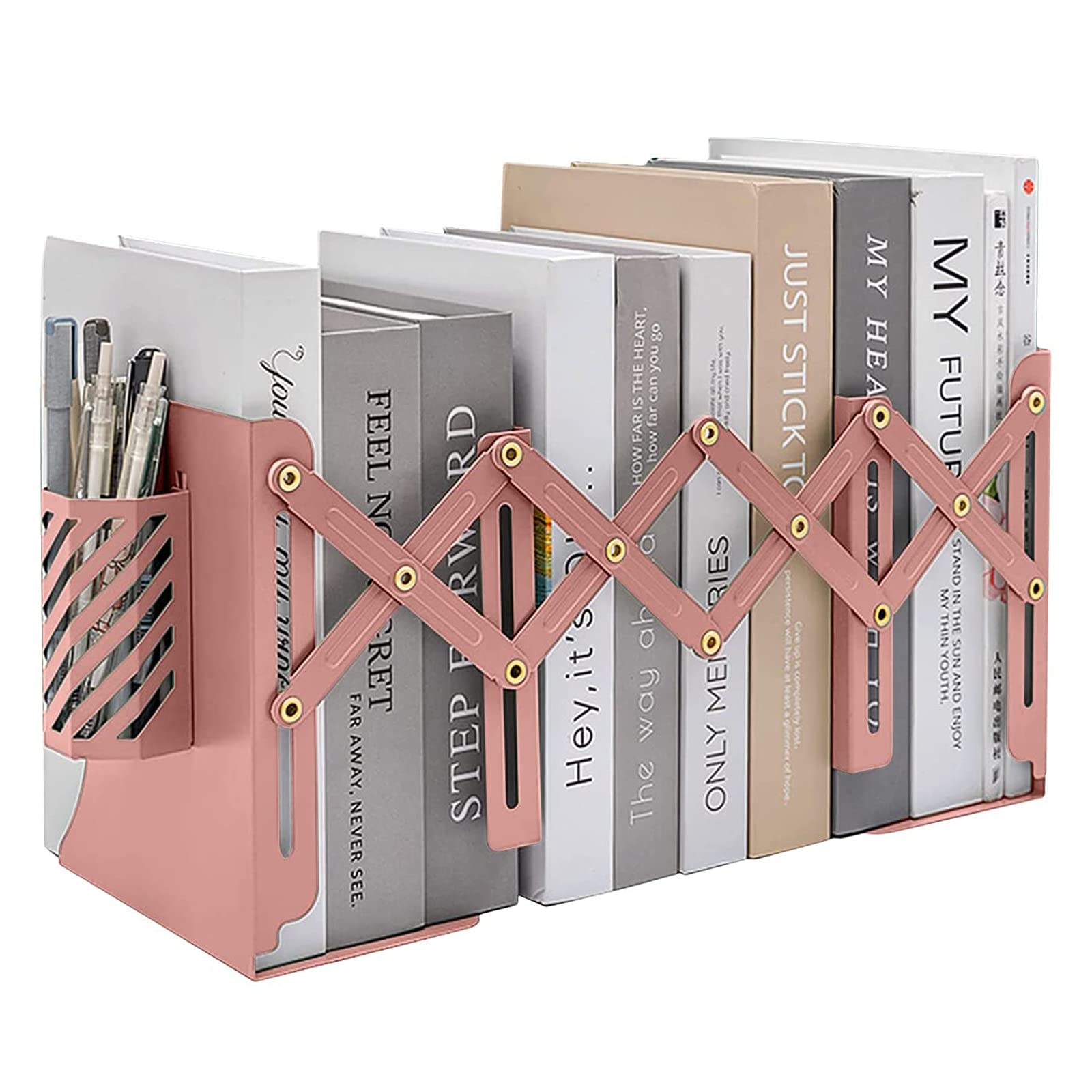 Expandable Metal Bookends, MSDADA Adjustable Book Ends Heavy Duty Book Holder with Detachable Pen Container, Non-Skid Desk Organizer for Kids Student Home Office School Bookshelf Book Storage(Pink)