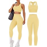 OLCHEE Womens Workout Sets 2 Piece Racerback Sports Bra High Waist Leggings | Seamless Gym Set, Yoga Pilates Outfit, Matching Athletic Clothing, Activewear, Scoop Neck, Padded, High Waist