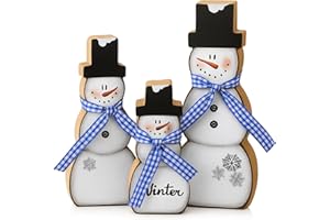 Suzile 3 Pcs Christmas Snowman Table Decorations Winter Wooden Snowman Centerpiece Block Signs Tiered Tray Desktop Figurine for Indoor Fireplace Mantel Home Decor Holiday Xmas Party Supplies (Blue)