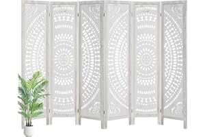 Babion Room Divider, 6 Panel Room Dividers and Folding Privacy Screens, 5.6 Ft Tall Carved Wood Screen, Room Screen Divider for Home Office,No Assembly, Double Hinged (White)