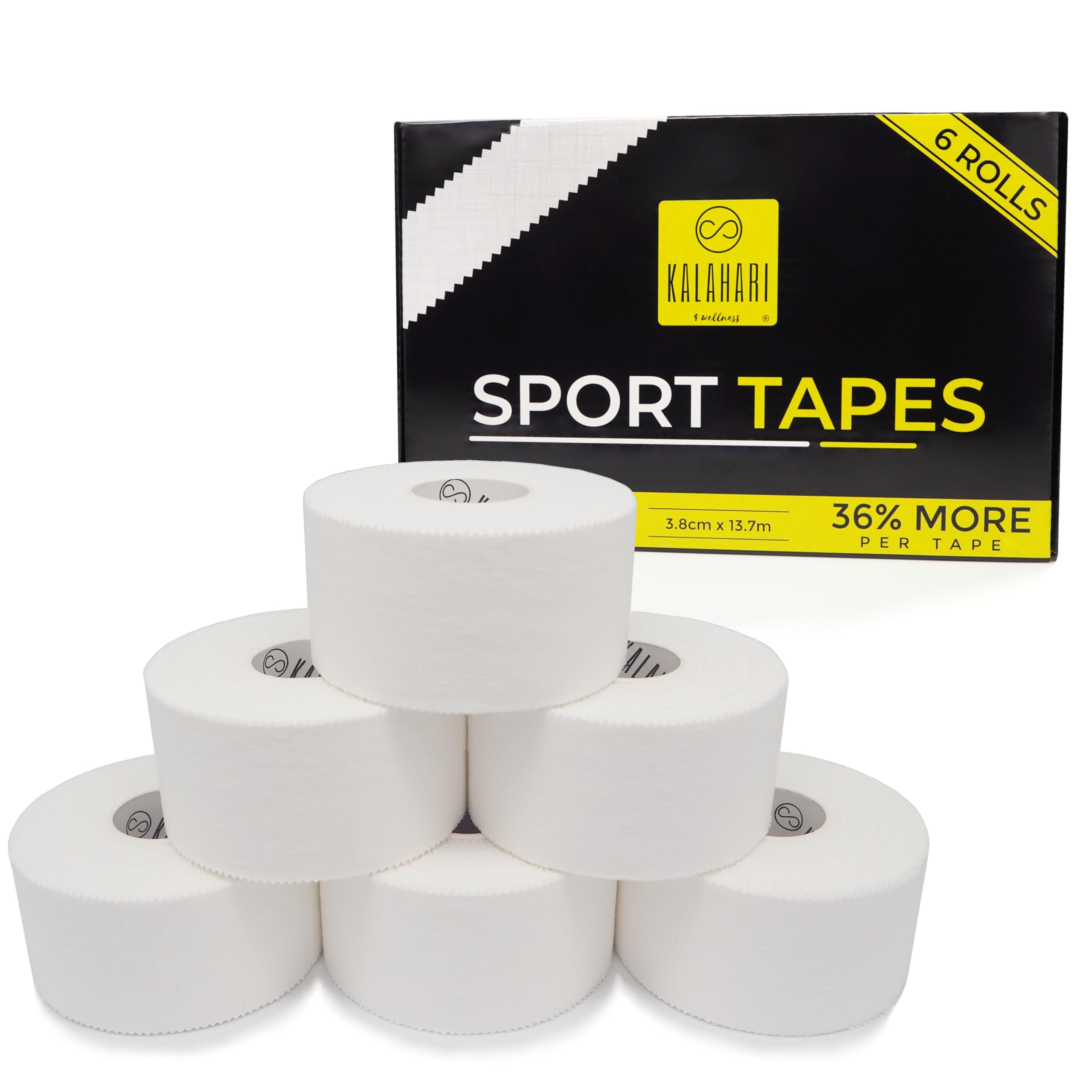 Kalahari 6 Rolls zinc Oxide Tape Extra Long – 3.8cm x 13,7m - Athletic Tape – Blister Prevention, Strapping Tape for Foot, Wrist, Hand, Ankle – Sports, Rugby, Football, Non-Elastic, 100% Cotton White