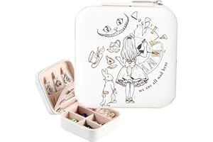 KEAST Small Portable Travel Jewelry Box Organizer Storage Leather Jewellery Earrings Necklaces Ring Display Case Girls Women Gift (We are All Mad Here)