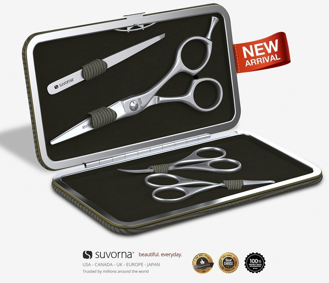 Suvorna Premium Beard and Mustache Scissors Set/Kit (4pcs). Contains 5.5" Precision Cut Beard & Mustache, Ears & Nose and Eyebrow Scissors Along with Slant Tweezers. Comes with! (Dark Taupe)