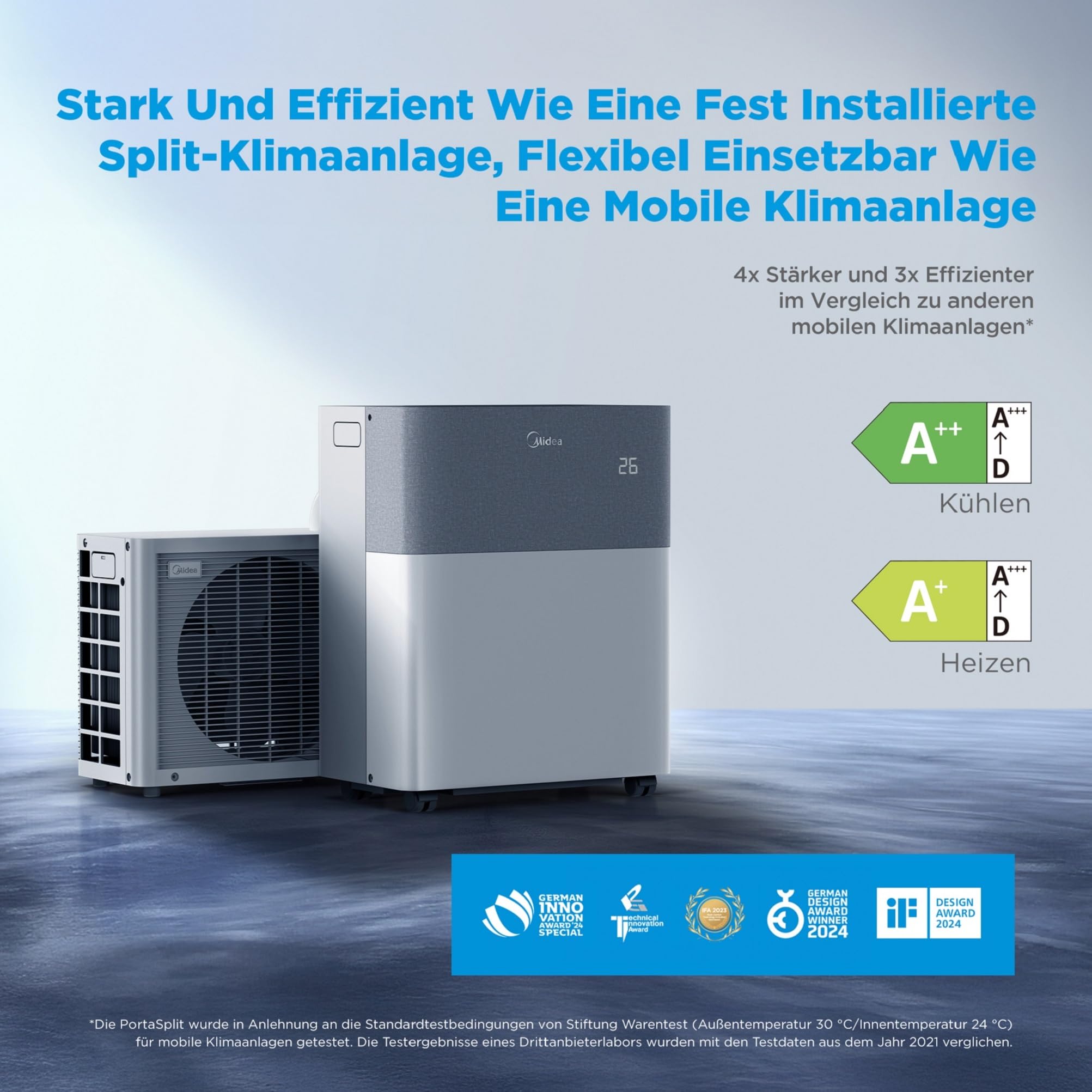 Midea Portasplit Mobile Wärmepumpe, Klimaanlage, Kühlen A++/Heizen A+, 12000 BTU 3, 5kW, für Räume bis zu 42 m² / 105 m³, nur 39 dB(A) im Silent-Modus 2