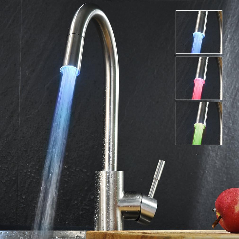 Whoose RGB LED Kitchen Faucet Stainless Steel Elegant Contemporary 360 ° Rotatable Swivel Tap Single Lever Tap