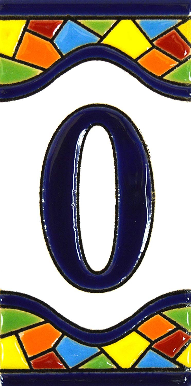 House number. Signs with numbers and letters. Polychrome ceramic tiles, hand-painted in dry rope technique (cuerda seca) for plates with numbers, names, directions and signage. Customizable text.