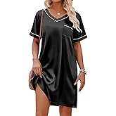 Ekouaer Satin Nightgowns for Women Silk Sleep Shirt Silky Loose Sleepwear V Neck Nightshirt Short Sleeve Pajamas
