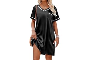 Ekouaer Satin Silk Nightgown for Women Silky Loose Sleepwear V Neck Nightshirt Short Sleeve Sleep Dress