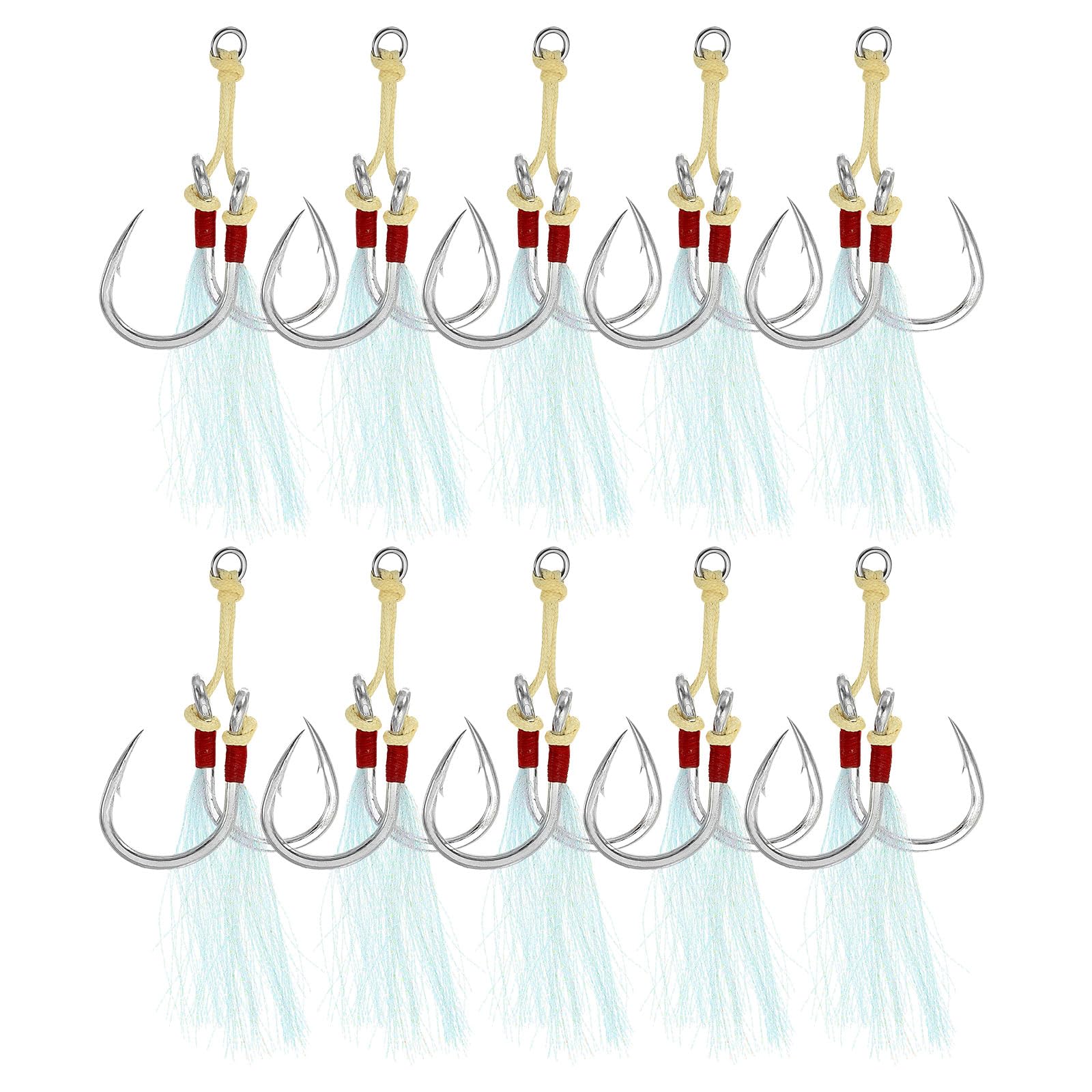 PATIKIL Fishing Assist Hooks Kit, 10 Pack Double Assist Jigging Hook with Glow Tassel for Slow Pitch Jigs Vertical Jigging Lures, Green (11/0#, 4.5"x1")