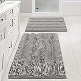 Non Slip Thick Shaggy Chenille Bathroom Rug Mat Set Extra Soft and Absorbent Striped Floor Rugs, 2 Piece, Machine-Washable