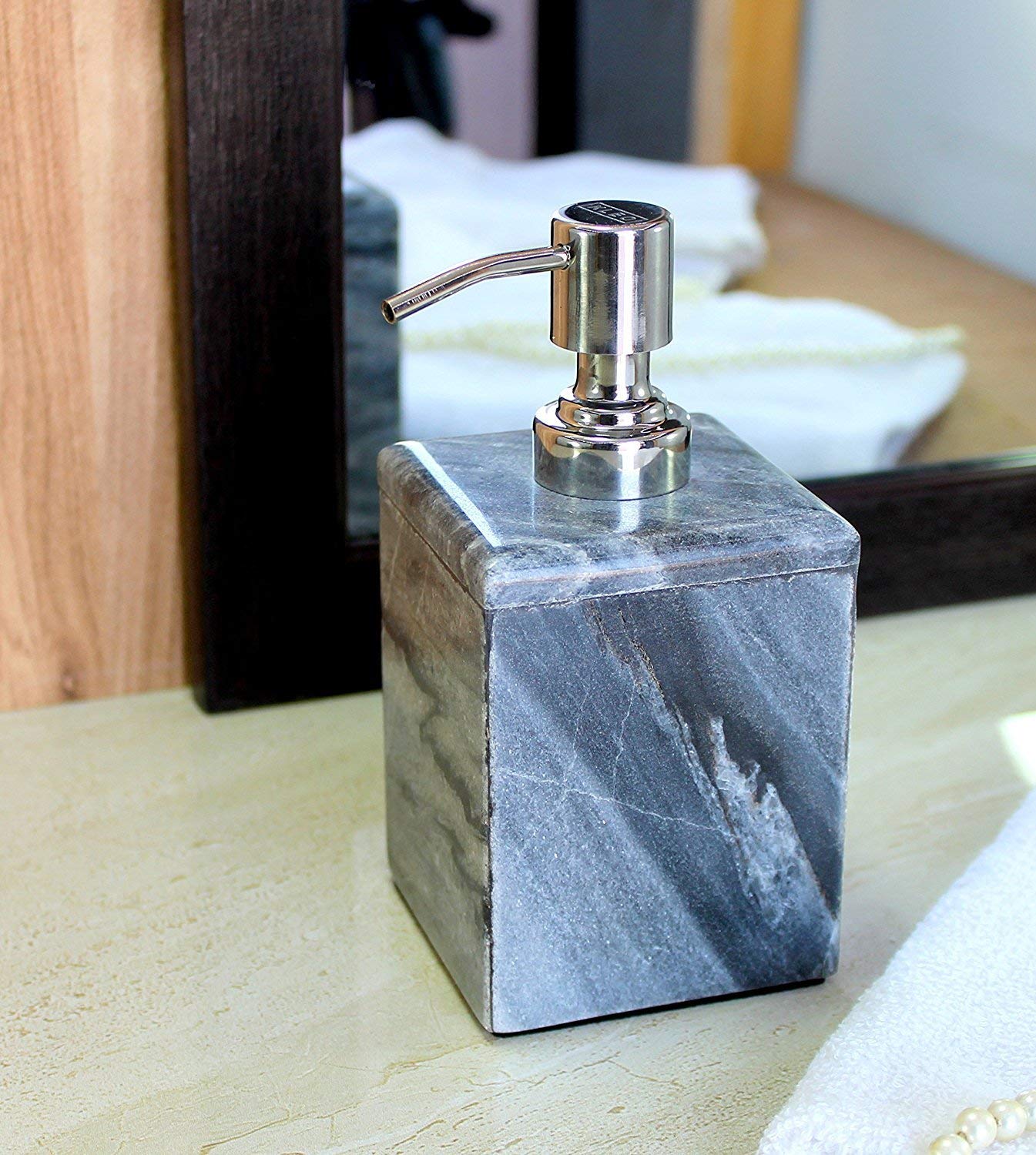 KLEO Lotion/Soap Dispenser - Made of Natural Stone - Bathroom Accessories Bath Set (Black/Grey)