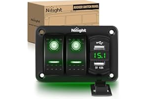 Nilight 2 Gang Rocker Switch Panel Green Backlit with 4.8 Amp Dual USB Charger Voltmeter Waterproof 12V 24V DC Night Glow Stickers for Car Trucks Boats RVs