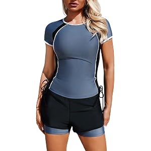 ZAFUL Women's Rashguard Set Short Sleeve Shorts Two Piece Swimsuit | Drawstring Sun Protection Athletic Bathing Suit Color Bl