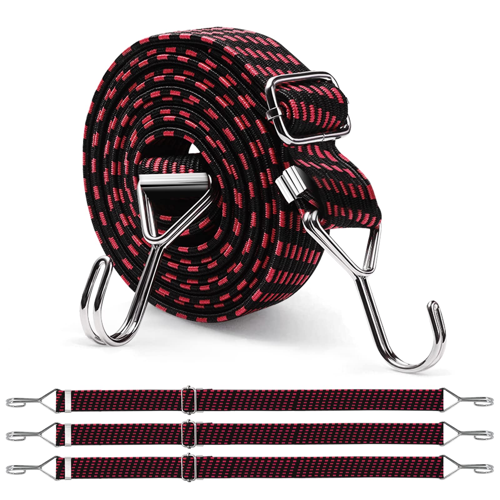 Newthinking 4 Pack Adjustable Bungee Cords with Hooks, Heavy Duty Flat Bungee Cords Elastic Straps for Bicycles Camping Tent Luggage Fixing (Red, 3M)
