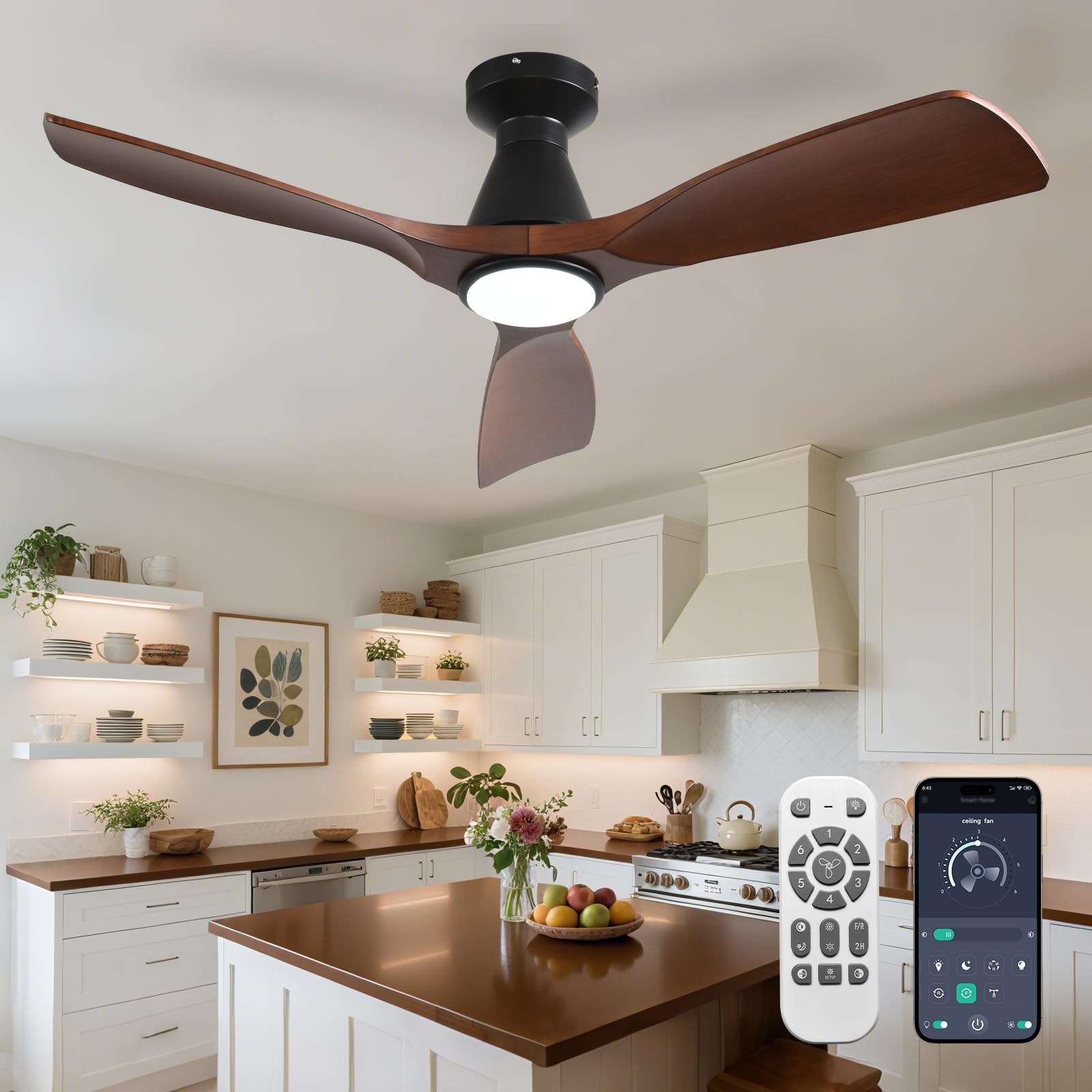 Photo 1 of DLLT 42-Inch Ceiling Fans with Lights: Flush Mount Ceiling Fan 3 Blades for Indoor Outdoor - Dimmable Ceiling Fan with Remote APP Control Noiseless DC Motor for Low Profile Bedroom