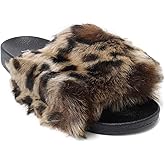 H2K Women's Fluff Furry Ultra Soft Fur Slides Slippers Open toe Slip On Sandals Lora