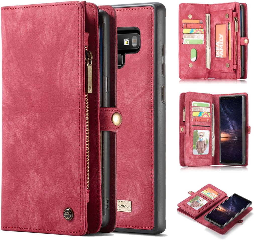 Note 9 Wallet Case,AKHVRS Handmade Premium Cowhide Leather Wallet Case,Zipper Wallet Case [Magnetic Closure]Detachable Magnetic Case & Card Slots for Samsung Galaxy Note 9 - Red