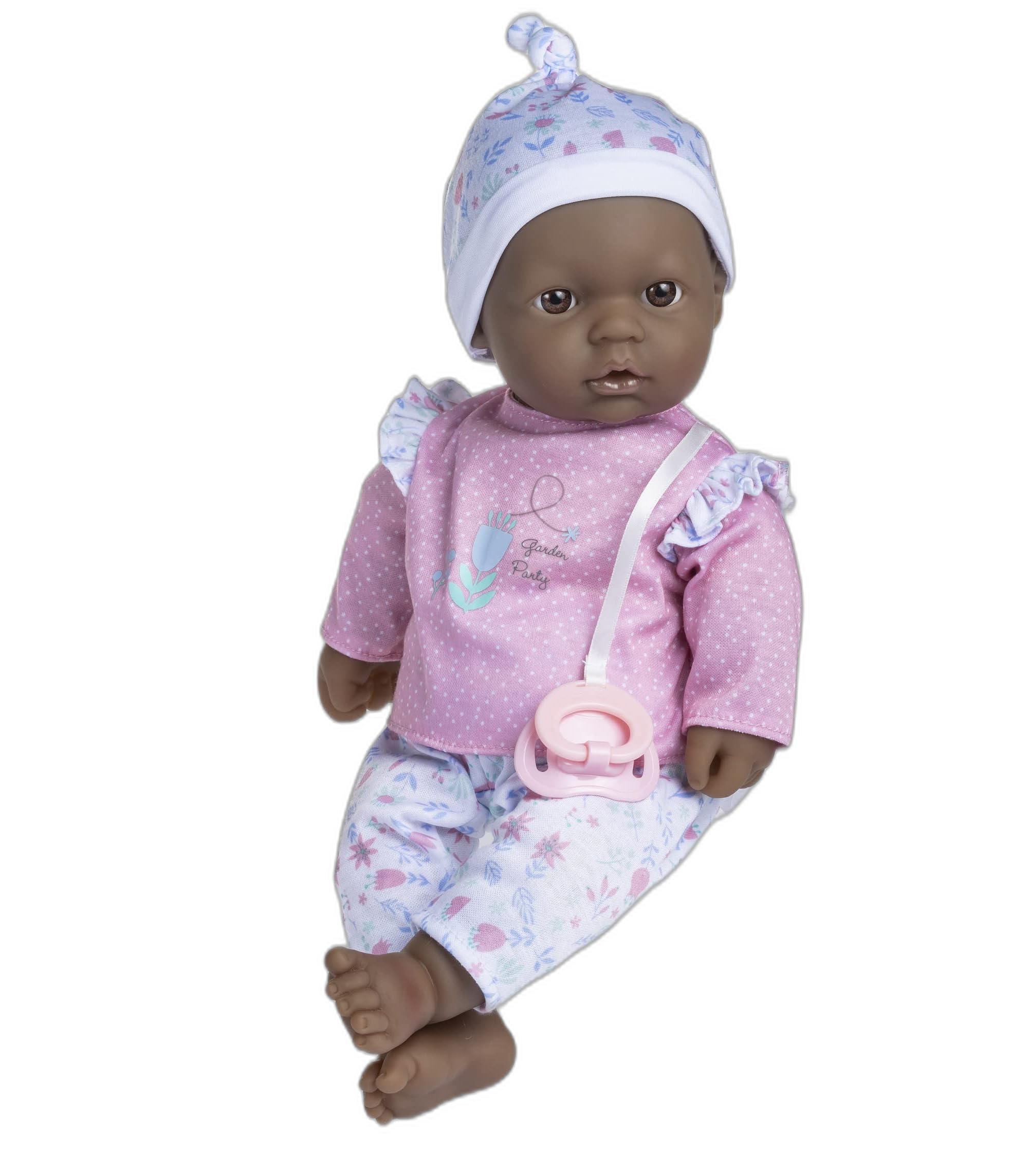 JC Toys La Baby African American 16-inch Small Soft Body Baby Doll La Baby | Washable |Removable Pink Floral w/Hat, Pacifier & Magic Bottle | for Children 12 Months +