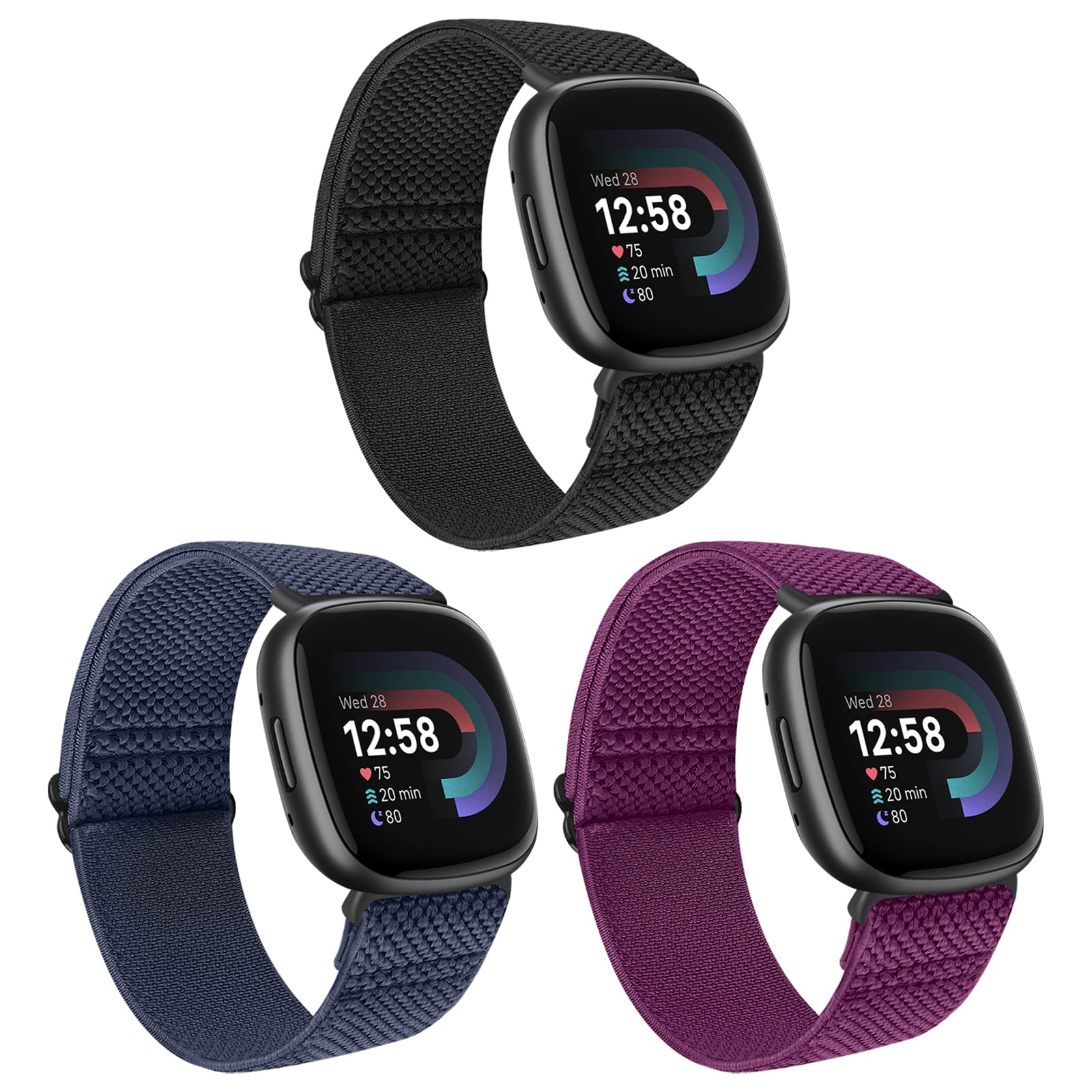 Huamanlou 3 Pack Elastic Nylon Straps Compatible with Fitbit Versa 4/Versa 3/Sense 2/Sense, Soft Loop Adjustable Sport Replacement Wristbands for Women Men