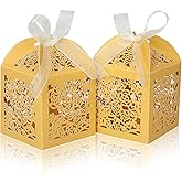 DOYIDE 50pcs Laser Cut Favor boxes, Wedding Favors Candy Boxes with Ribbons and Tags, Small Gift Boxes for Wedding,Party,Baby Shower,Bridal Shower (50-2x2x2.76, Gold)