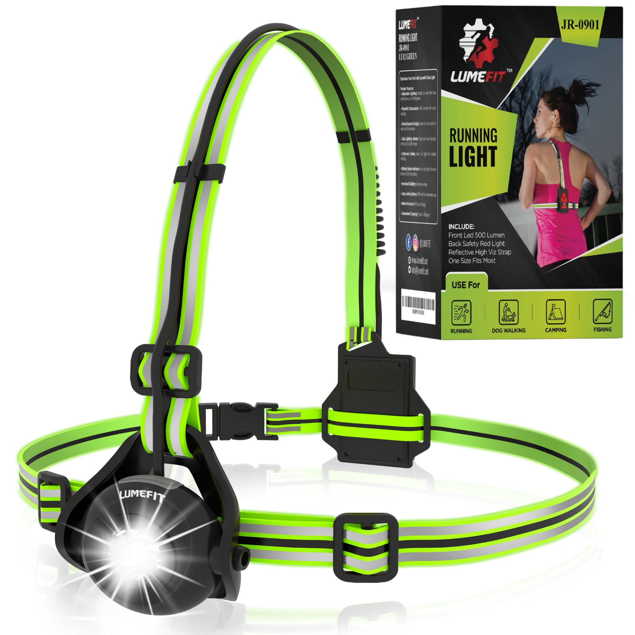 LUMEFIT Run Light Running Lights for Runners Chest LED Lamp 120° Adjustable Beam Angle 500 Lumen 360 Degree Reflective Band USB Rechargeable Front Body Torch Jogging Hiking