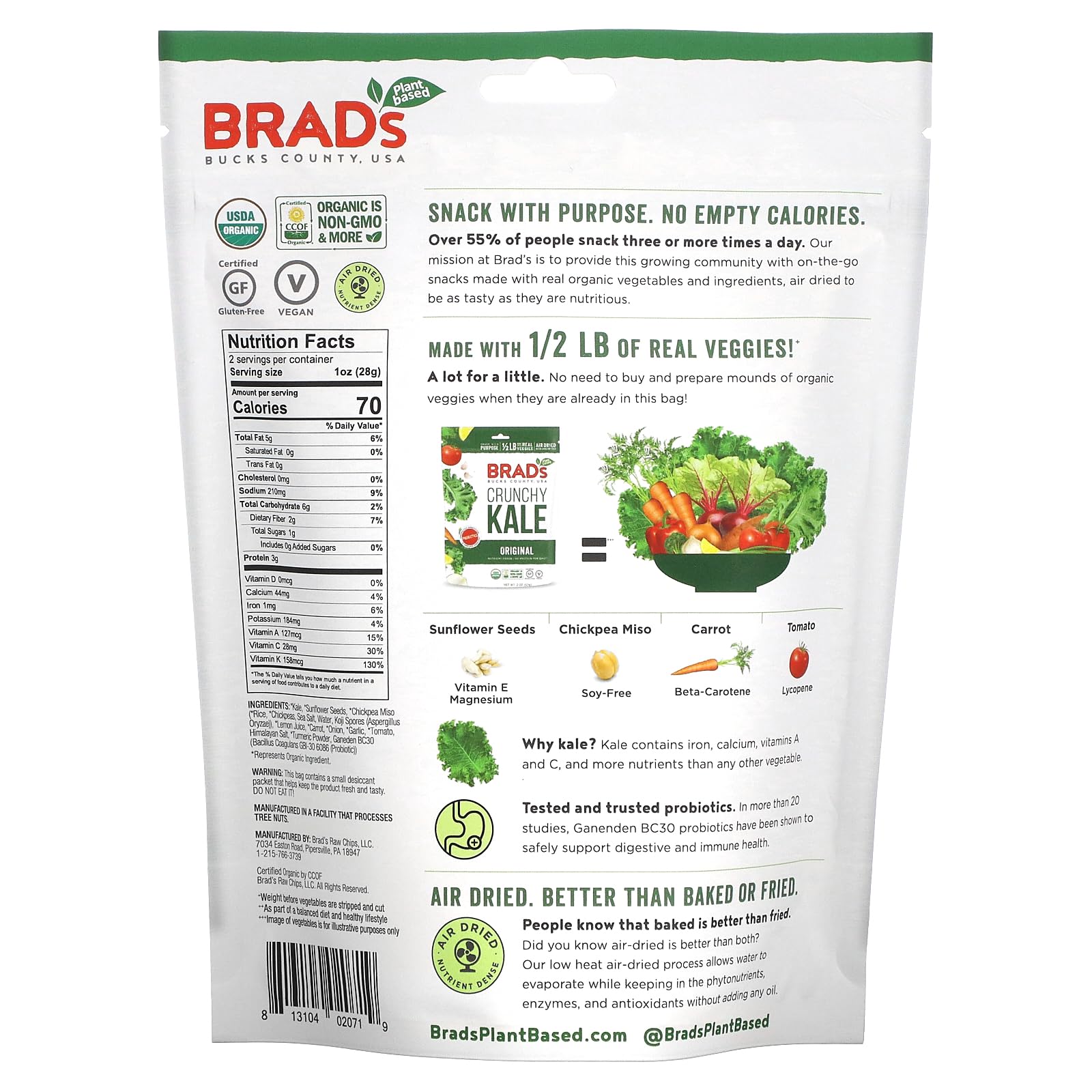 Brad's Plant Based Organic Crunchy Kale Original with Probiotics, 2