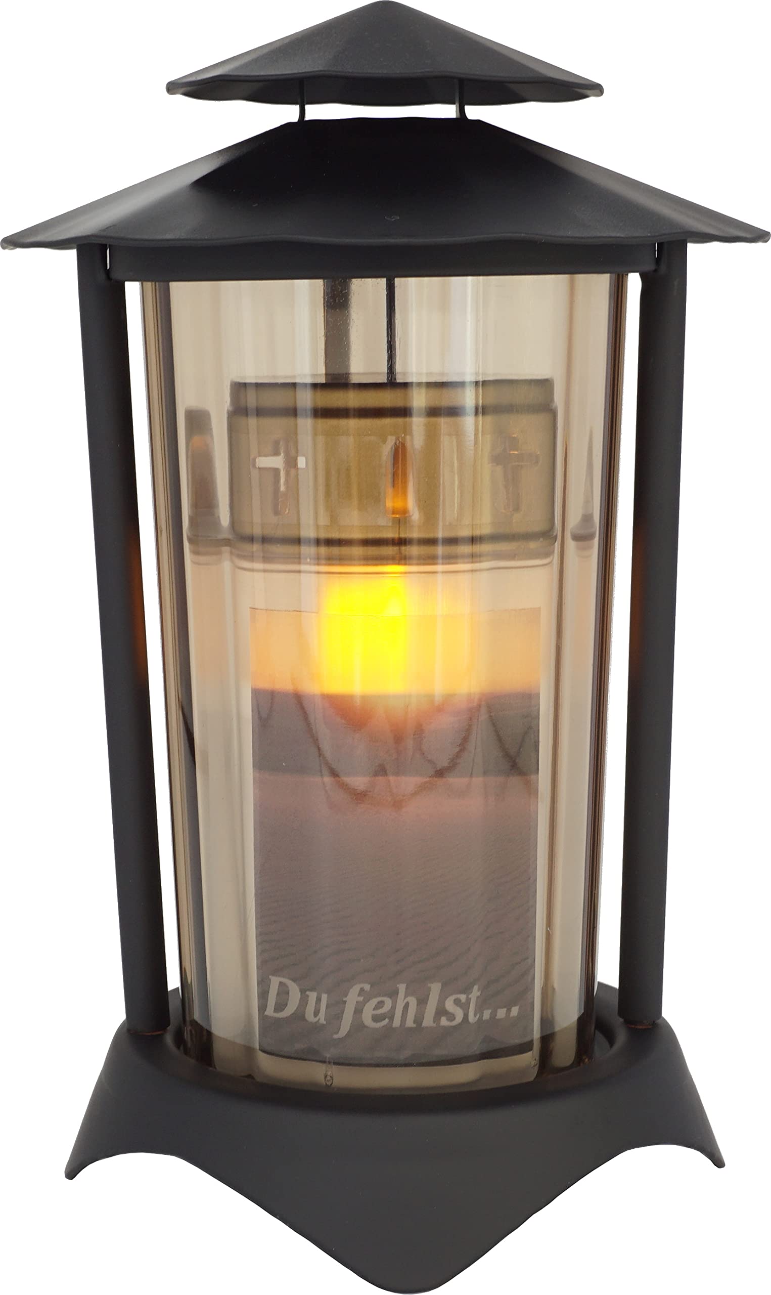 Grave Lantern Metal Round with LED Candle 21 cm (Lantern: Black - Glass: Bronze)