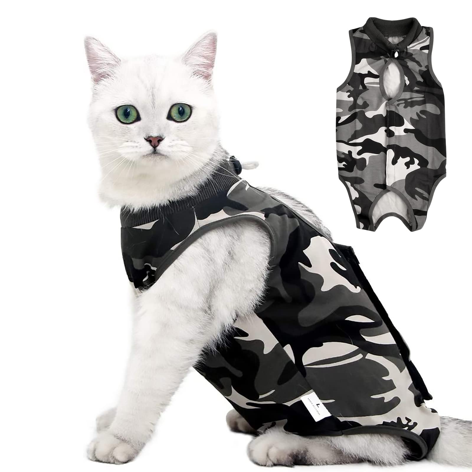 Cat Camouflage Recovery Suit, Pet Surgery Suit, Pet Physiological Clothes, Cat Onesie Anti Licking Vest Shirt, Cone E-Collar Alternative Bodysuit for Abdominal Wounds Skin Diseases (L)