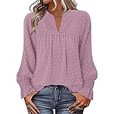 BETTE BOUTIK Women Boho Long Sleeve Shirts Dressy Casual V Neck Fall Fashion Tops Swiss Dot Flowy Blouses