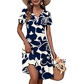 WNEEDU 2026 Summer Dress for Women V Neck Button Down Elastic Waist Sundress Casual Short Sleeve Midi Dresses with Pockets
