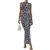 PRETTYGARDEN Women's Summer Maxi Floral Dresses Ruched Bodycon Sleeveless Mesh Formal Wedding Guest Cocktail Split Long Dress