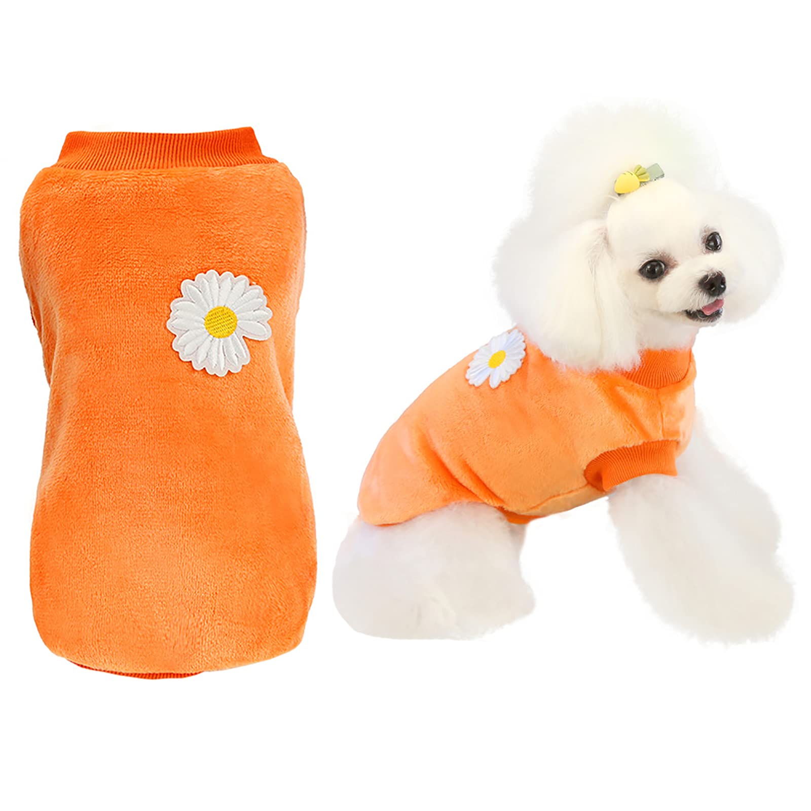 Dog Sweater Clothes Fleece Woolen Winter Warm Sweat Shirt Flower Pajamas Fleece Sweater for Small Dog Medium Cat Orange S