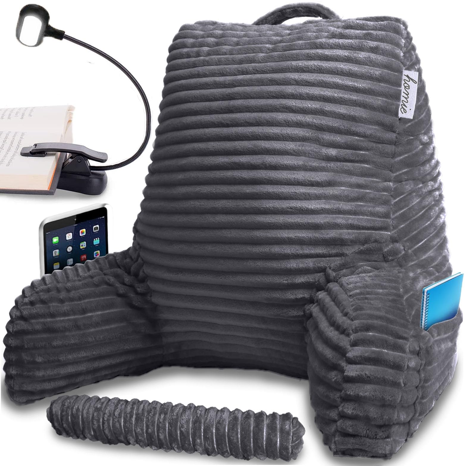 Photo 1 of Homie Reading Pillow with Reading Light and Wrist Support, Has Arm Rests, and Back Support for Bed Rest, Lounging, Reading, Working on Laptop, Watching TV (Dark Gray)