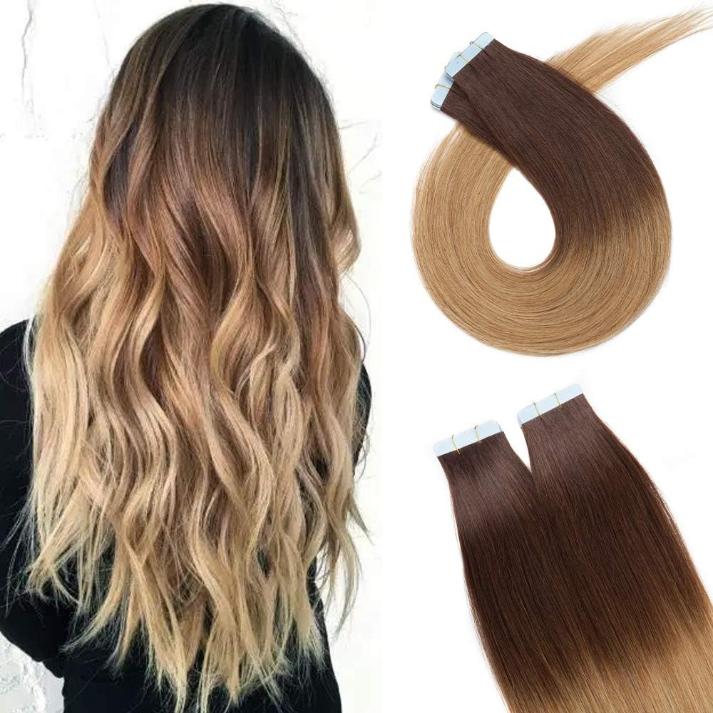 Silk-co Tape in Hair Extensions Human Hair 18inch ombre Real Remy Hair Extension Skin Weft Seamless Invisible Glue (20 Pcs