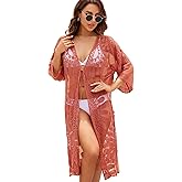 Moss Rose Womens Bathing Suit Cover Up 3/4 Sleeve Mesh Swimsuit Coverup Long Floral Beach Lace Kimono Cardigan