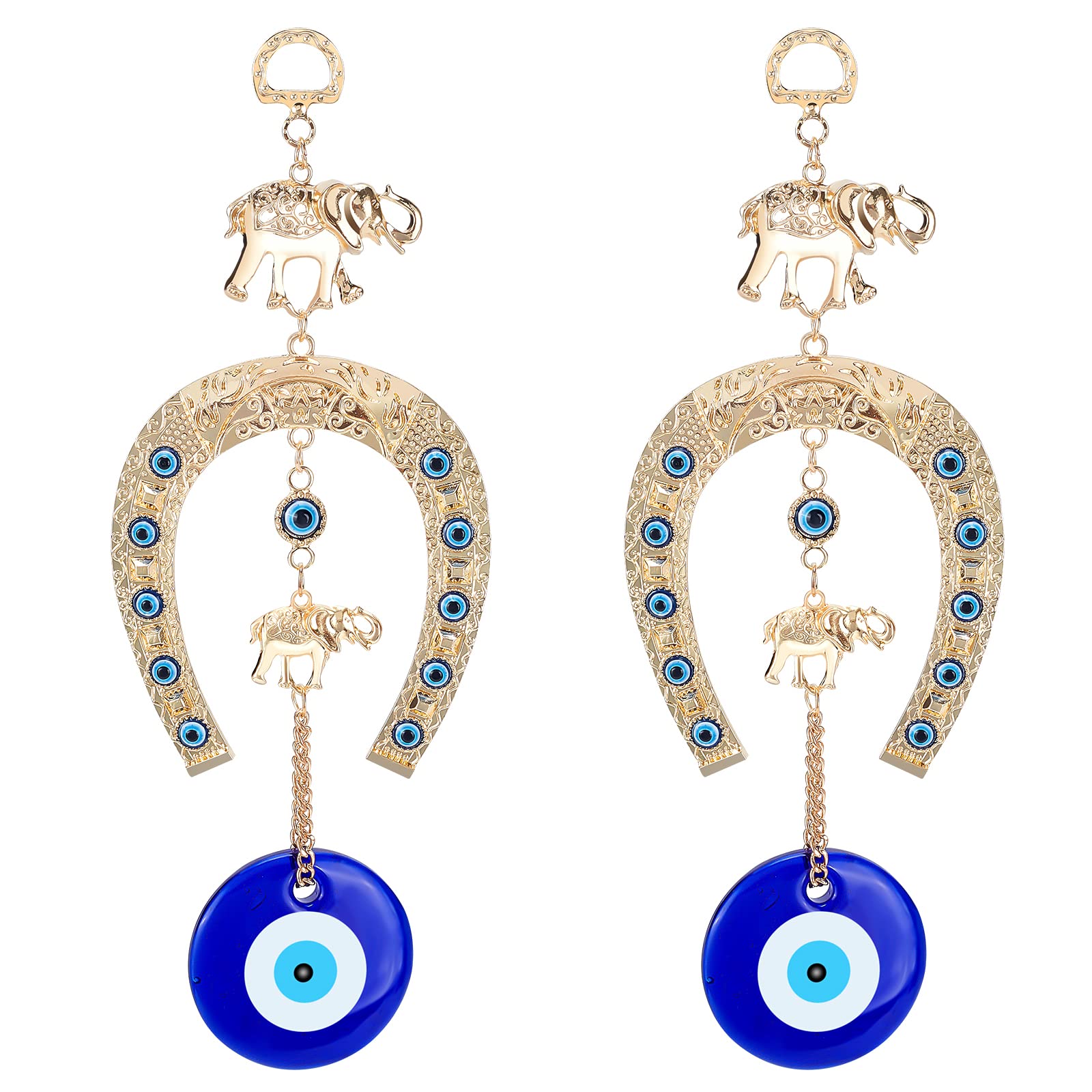 WEBEEDY 2Pcs Evil Eye Car Hanging Ornament Elephant Amulet Evil Blue Eye Charms Blue Rear View Mirror Accessories Gold Home Decor Wall Hanging for Protection and Blessing