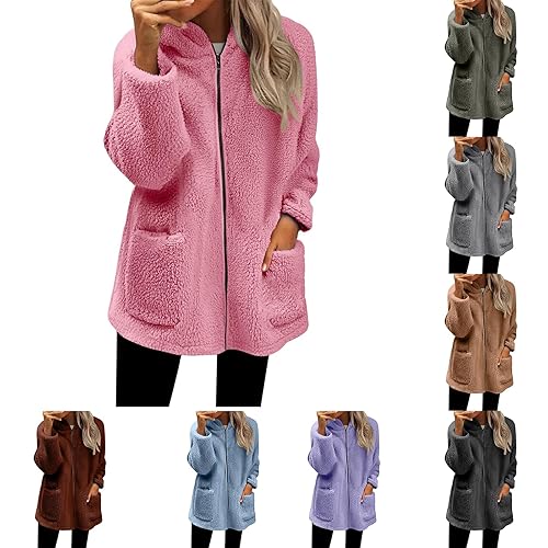 Ladies Fleece Winter Coats for Women UK Loose Fleece Medium Length Jacket Soft Warm Women's Jackets Zip Up Women's Fashion Casual Coats Red Hoodie Women