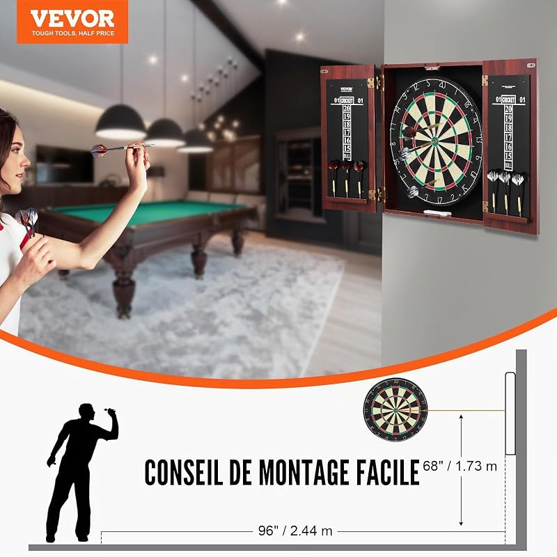 Cible de Fléchettes et Armoire Prêt à Jouer, Armoire à Fléchettes de Taille Officielle, Jeu de Fléchettes à Pointe en Acier, Assemblage Facile, Accessoires Complets, pour Jeux de Cricket