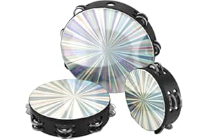 QWORK 3-Pack Wood Church Tambourine Set for Adults - 6", 8", 10" Sizes, Birch Wood Frame with Double Row Metal Jingles -Reflective Hand Drum Percussion Musical Instrument for Parties, Music Classes