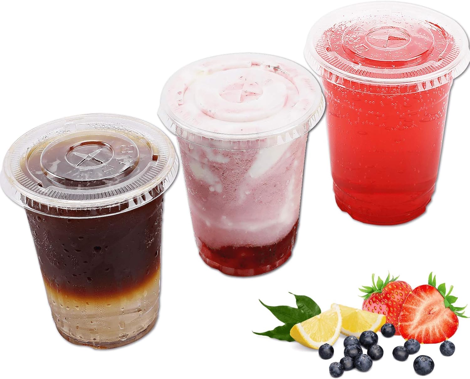 12 oz Clear Plastic Cups with Flat Lids - (25 Sets) Disposable Party Cups for To Go Iced Coffee Cold Drinks, Smoothie, Bubble Boba Tea, Juice, Parfait, Frappuccino, Milkshake. Nice Sealing Fruit Cup
