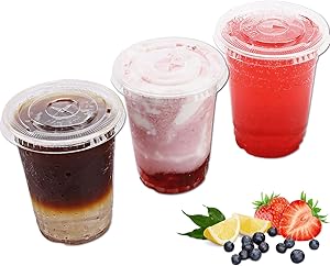 12 oz Clear Plastic Cups with Flat Lids - (25 Sets) Disposable Party Cups for To Go Iced Coffee Cold Drinks, Smoothie, Bubble Boba Tea, Juice, Parfait, Frappuccino, Milkshake. Nice Sealing Fruit Cup