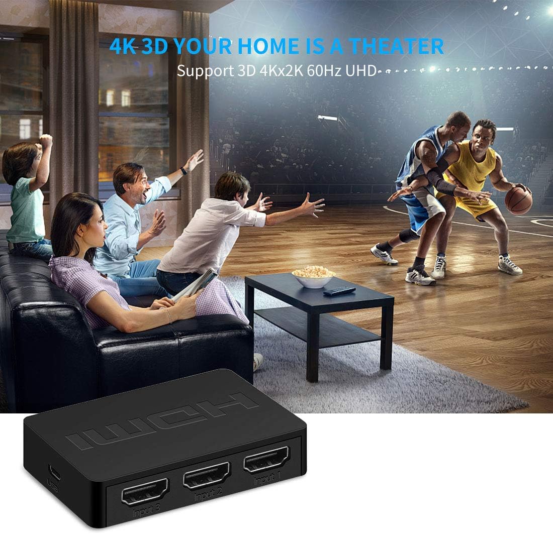 3 Port HDMI Switch 4K 3 in 1 Out HDMI Switcher Selector Box Support UltraHD Dolby Vision, High Speed(Max to 18.5Gbps), HDR10, HDCP 2.2 & 3D for Xbox PS3 PS4 TV Fire Stick (DK301D): Electronics