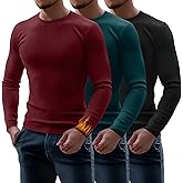 Riyiper 3 Pack Men's Ribbed Thermal Shirts Crew Neck Long Sleeve Tops Winter Stretchy Slim Basic Undershirt